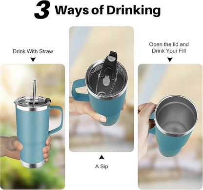 20 oz Tumbler with Handle, Stainless Steel Insulated Tumbler with Lid and Straw, Double Wall Vacuum Coffee Mug Tumbler, Insulated Coffee Thermal Cup for Cold and Hot (Maya Blue)