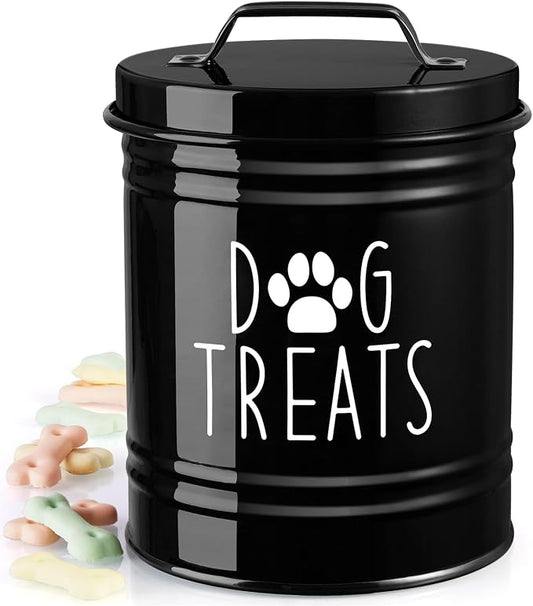 OUTNILI Small Dog Treat Container Airtight - 6" Tall X 4.9" Round Black Dog Treat Jar for Kitchen Counter - Rustic Treat Storage Canister for Dogs, Cats, Small Animals - Gifts for Pet Owners