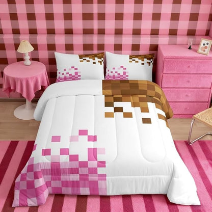 Manfei Game Pixelated Theme Kids Comforter Toddler Size,Patchwork Grid Quilt Set for Kids Boys Girls Bedroom Decor,Video Games Bedding Set,Pink Brown Duvet Insert,1 Pillowcase