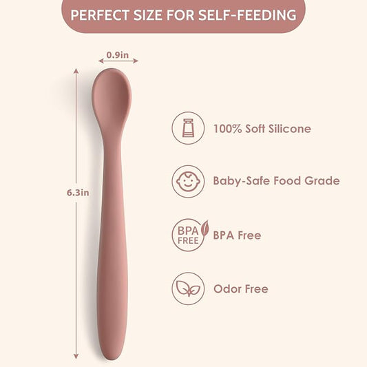 Silicone Baby Feeding Spoons, Training Spoon Self-feeding, First Stage Infant Soft-Tip Easy on Gums, Utensils Supplies, Dishwasher & Boil-proof, 6 Pack