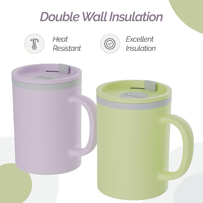 Copco Insulated Coffee Mug with Lid and Handle, 16oz Tumbler, Double Wall To-Go Cup, for Travel, Office, School, Camping, BPA-Free Reusable Plastic, Iconic Set of 2, Purple/Yellow