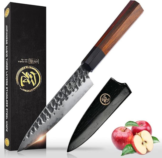 5.5 Inch Paring Knife Handmade Forged Pro Japanese Sharp AUS10 High Carbon 3-layer Vegetable Fruit Knife,Professional Kitchen Small Petty Knife (Rosewood Handle & Gift Box & Sheath)