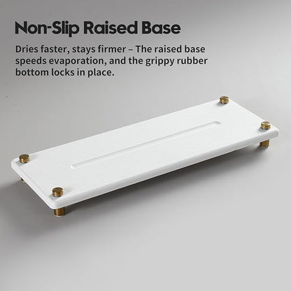 White Gold Dish Drying Rack Tray, Water Absorbing Stone Sink Caddy Kitchen Sink Organizer, Diatomite Bathroom Counter Faucet Mat Coaster, Soap Riser Dispenser Sponge Holder, White 12.5" x 4.5"