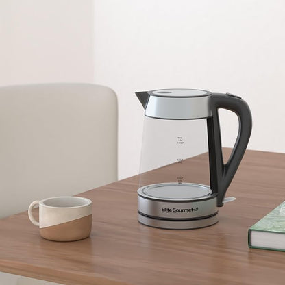 Elite Gourmet EKT-602 Electric BPA-Free Glass Kettle, Cordless 360° Base, Stylish Blue LED Interior, Handy Auto Shut-Off Function – Quickly Boil Water For Tea & More