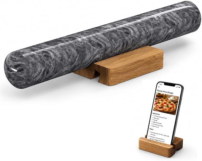 French Rolling Pin for Baking, FiiMan 12 Inch Marble Rolling Pins with Wooden Stand, Heavy Stone French Polished Non-Stick Roller Pins For Baking Cookie Pizza Pastry (Black)
