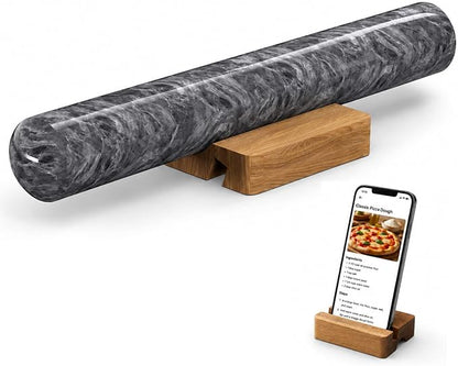 French Rolling Pin for Baking, FiiMan 12 Inch Marble Rolling Pins with Wooden Stand, Heavy Stone French Polished Non-Stick Roller Pins For Baking Cookie Pizza Pastry (Black)