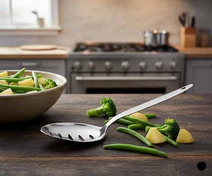 Chef Kunz Slotted Spoon | 9 Inch 18/10 Stainless Steel Silver Chef Cooking Spoons | Basting, Quenelle, Plating Spoon for Draining and Serving, Dishwasher Safe (Slotted)