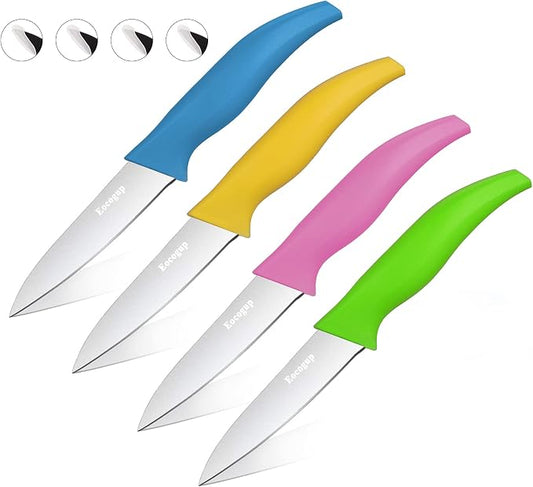 Eocogup Paring Knife,3.7 inch Fruit and Vegetable Paring Knives,Stainless Steel Super Sharp Small Kitchen Knives Sets,Assorted Colors Handle(Set of 4)