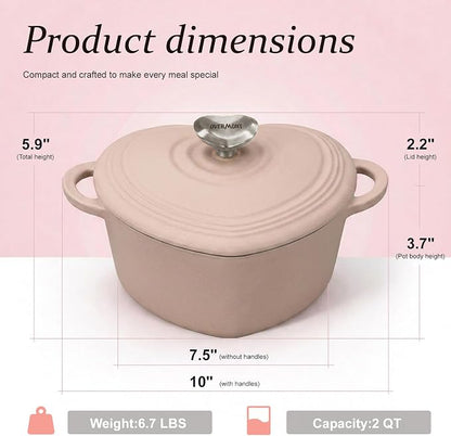Overmont Heart-Shaped Enameled Cast Iron Dutch Oven, 2QT Pink Mini Pot with Lid for Cozy Meals, Soups & Small Batch Baking, Cute Kitchen Cookware Gift for Wedding, Housewarming & Birthday