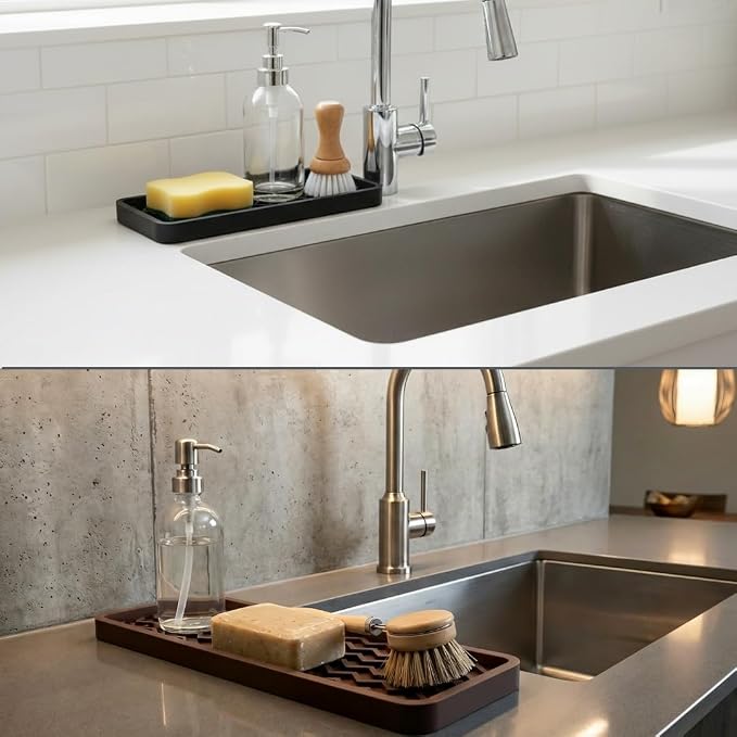 Silicone Sink Organizer Tray, Rectangular, Modern Style, Heat Safe, Dishwasher Safe, for Bathroom and Kitchen Organization (Grey, 12"x4", Chevron Pattern)