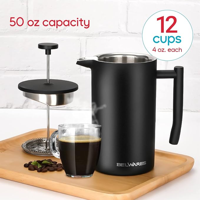 Belwares French Press Coffee Maker - Large 50oz 6-Cup, 304 Stainless Steel Coffee Press, Double Wall Insulated Heat Retention, 4-Level Filtration for Smooth Ground-Free Coffee, 2 Extra Filters, Black