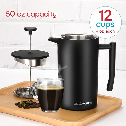 Belwares French Press Coffee Maker - Large 50oz 6-Cup, 304 Stainless Steel Coffee Press, Double Wall Insulated Heat Retention, 4-Level Filtration for Smooth Ground-Free Coffee, 2 Extra Filters, Black