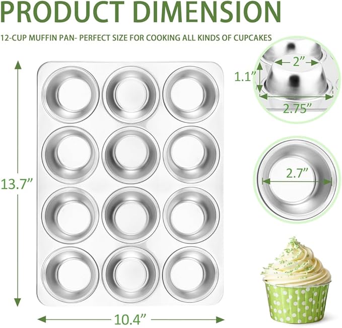 Herogo 12-Cup Stainless Steel Muffin Pan Tin for Baking, Metal Cupcake Tray Set for Making Egg Muffin Quiches, Mini Brownie, Easy to Clean & Quick Release, Oven & Dishwasher Safe