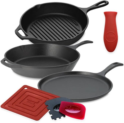 Lodge Cast Iron Set - 7-Piece Set - Pre-Seasoned Kitchen Essentials Set - Skillet, Griddle & Dutch Oven Included - PFAS-Free Non-Toxic Cookware