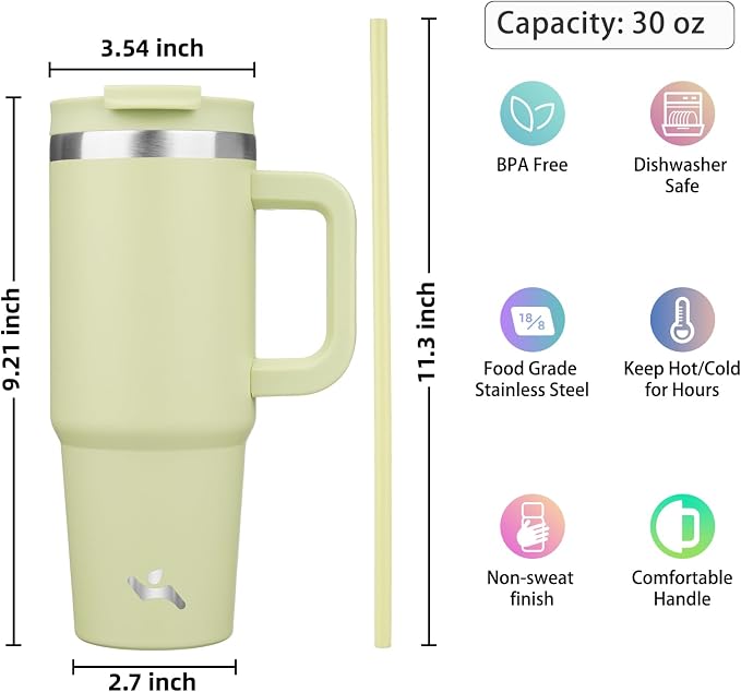 Konokyo 30 oz Tumbler with Handle and 2 Straws,2 in 1 Lid Insulated Water Bottle Stainless Steel Travel Coffee Mug,Macaron Green