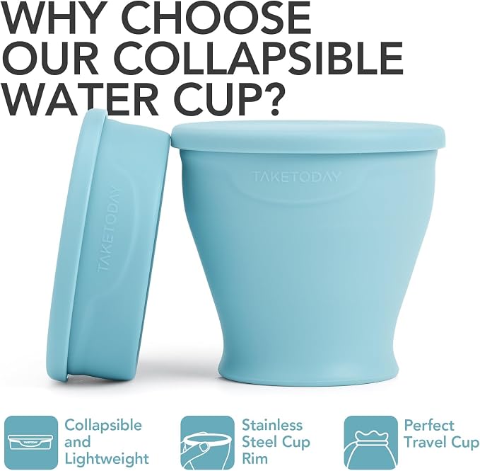 TakeToday 2PCS Collapsible Travel Cup 8 oz - Silicone Foldable Water Cup, BPA-Free with Lid & Waterproof Bag - Drinking Cup Set for Camping, Outdoors & International Travel（Blue & Lowcountry Peach）