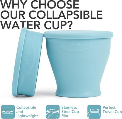 TakeToday 2PCS Collapsible Travel Cup 8 oz - Silicone Foldable Water Cup, BPA-Free with Lid & Waterproof Bag - Drinking Cup Set for Camping, Outdoors & International Travel（Blue & Lowcountry Peach）