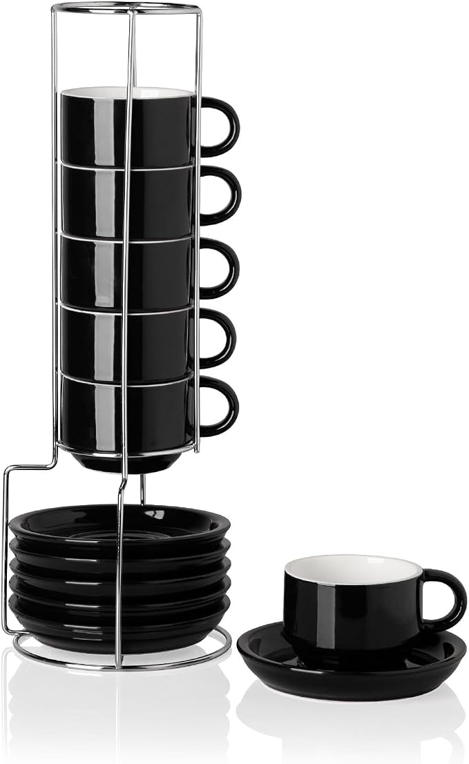 Sweejar Ceramic Espresso Cups Set of 6, Espresso Cup Stackable, 4 Oz Stackable Cappuccino Cups with Saucers and Metal Stand for Coffee Drinks, Americano, Latte, Tea (Black)