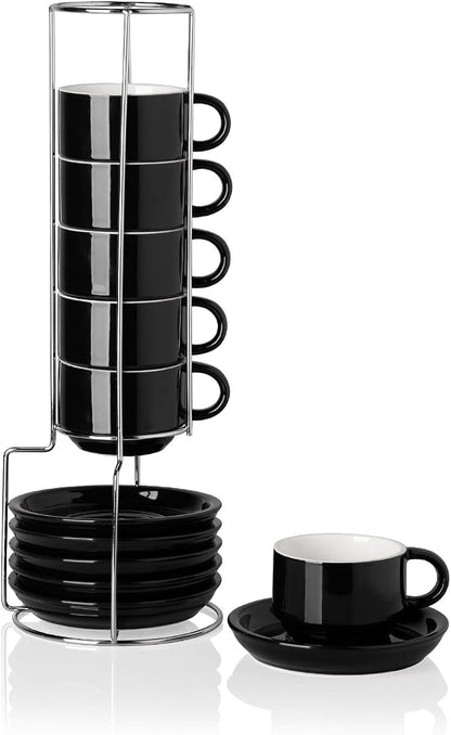 Sweejar Ceramic Espresso Cups Set of 6, Espresso Cup Stackable, 4 Oz Stackable Cappuccino Cups with Saucers and Metal Stand for Coffee Drinks, Americano, Latte, Tea (Black)