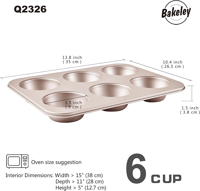 Jumbo Muffin Pan 6 Cup, 13-inch Heavy-Duty Carbon Steel Nonstick 6-Cavity Large Cupcake Pan Bakeware for Oven Baking (Champagne Gold)