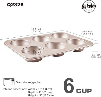 Jumbo Muffin Pan 6 Cup, 13-inch Heavy-Duty Carbon Steel Nonstick 6-Cavity Large Cupcake Pan Bakeware for Oven Baking (Champagne Gold)