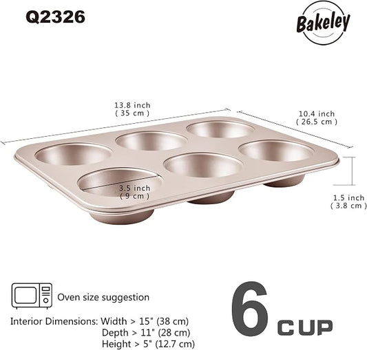 Jumbo Muffin Pan 6 Cup, 13-inch Heavy-Duty Carbon Steel Nonstick 6-Cavity Large Cupcake Pan Bakeware for Oven Baking (Champagne Gold)