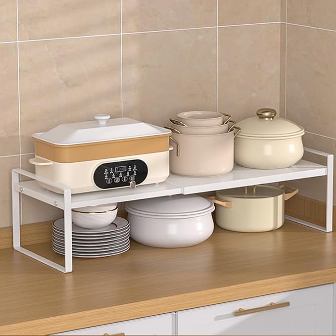 Expandable Cabinet Shelf Organizer Adjustable Storage Rack Stackable Metal Home Organization for Kitchen Pantry Spice Cupboard Under Sink Countertop - White, 1 Pack