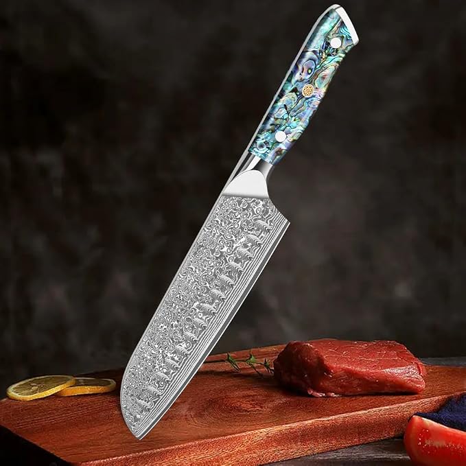 Home Safety Damascus Santoku Knife, 18cm Chef's Knifes Made of 67 Layers of VG-10 Damascus Steel, Full Tang Razor Sharp Kitchen Knife with Ergonomic Abalone Shell Handle, Gift Box