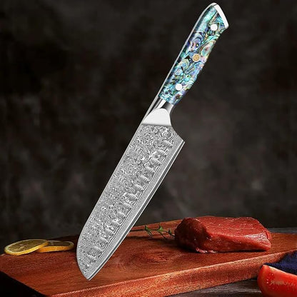 Home Safety Damascus Santoku Knife, 18cm Chef's Knifes Made of 67 Layers of VG-10 Damascus Steel, Full Tang Razor Sharp Kitchen Knife with Ergonomic Abalone Shell Handle, Gift Box