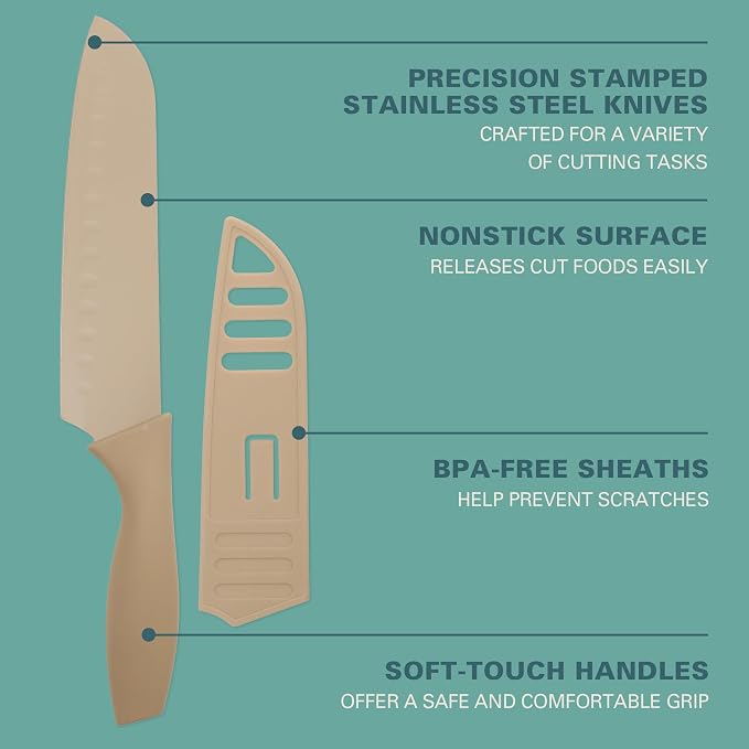 Gibson Home Bostonville 12 Piece Kitchen Knives Set W/Blade Guards/Sheaths, Chef Knife Sets With Nonstick Blades - Taupe