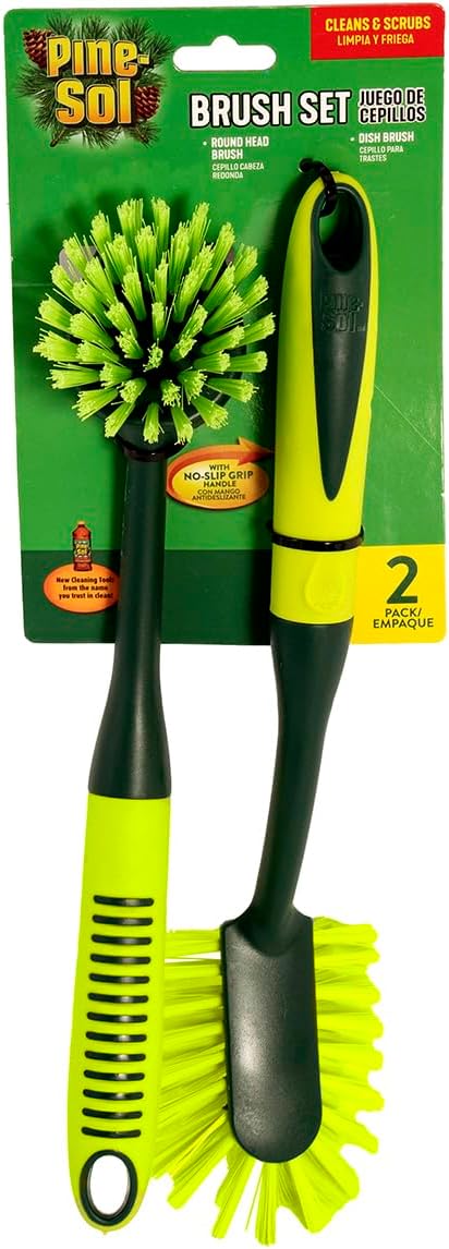 Pine-Sol Scrub Brush Set - Long Handle Cleaning Brushes with Heavy Duty Bristles and Comfort Grip - Scrubbers for Kitchen, Household, and Dishwashing, 2 Pieces
