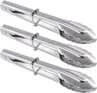 HINMAY 7-Inch Small Stainless Steel Serving Tongs, Set of 3 (Silver) | 7-Inch Mini Metal Salad Tongs