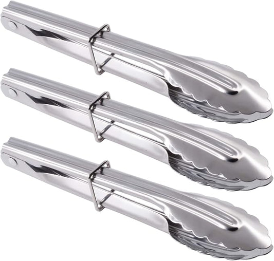 HINMAY 7-Inch Small Stainless Steel Serving Tongs, Set of 3 (Silver) | 7-Inch Mini Metal Salad Tongs