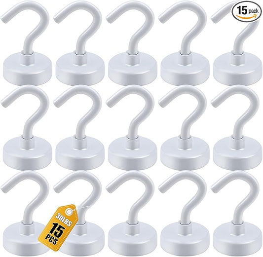 DIYMAG Magnetic Hooks, 30Lbs Strong Heavy Duty Cruise Magnet S-Hook for Classroom, Fridge, Hanging, Cabins, Grill, Kitchen, Garage, Workplace and Office Etc, (15 Pack-White)