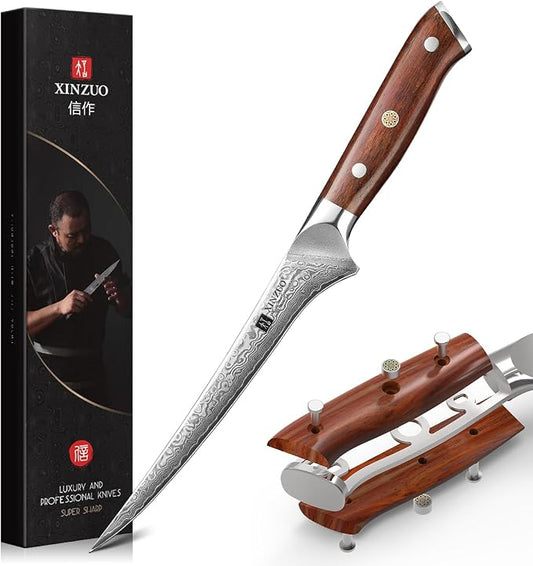 XINZUO 7 Inch Fillet Knife, Damascus Steel with 10Cr15MoV Core, Razor Sharp Boning Knife for Fish, Meat & Seafood, Rosewood Handle