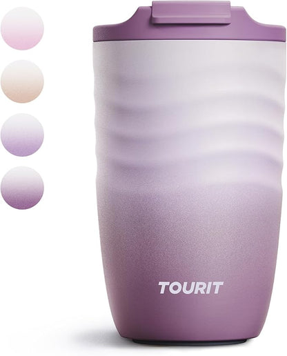 TOURIT 12 oz Travel Coffee Mug, Vacuum Insulated Stainless Steel Tumbler with Ripple-Wave Anti-Slip Grip, Built-in Silicone Bottom for Quiet & Stable, Leak-Proof Lid, Fits Car Cup Holder, Mist Purple