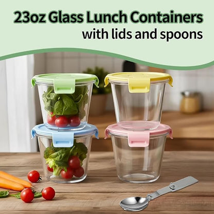 3 Cup Round Glass Soup Containers with Lids and Spoon, 24oz Round Glass Food Containers, BPA free Tall Meal Prep Bowls for Soup Leftover, Microwave, Dishwasher, and Freezer Safe (4 Packs)