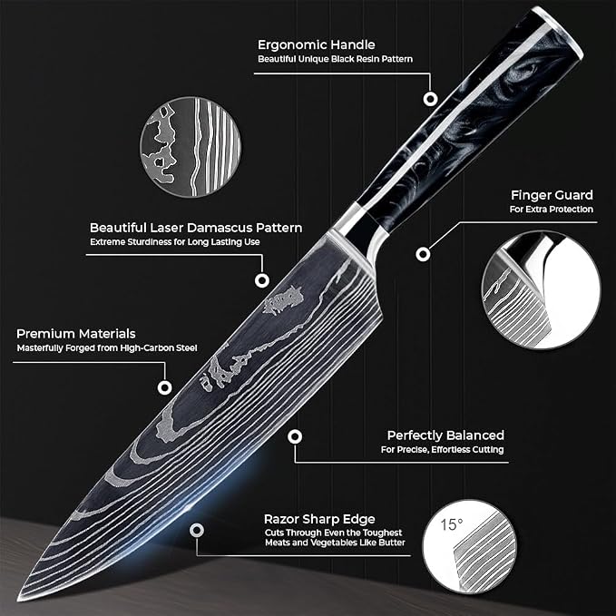 SENKEN 8-Piece Japanese Knife Set - Black Resin Handle, Laser Damascus Pattern - Onyx Collection - Chef's Knife, Cleaver, Santoku, Bread & Paring Knives