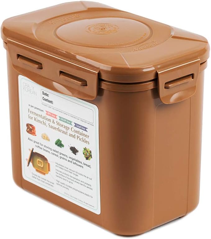 Crazy Korean Cooking Premium Kimchi, Sauerkraut Fermentation and Storage Container with Inner Vacuum Lid (0.9 Gal Sandy Brown (3.4L))
