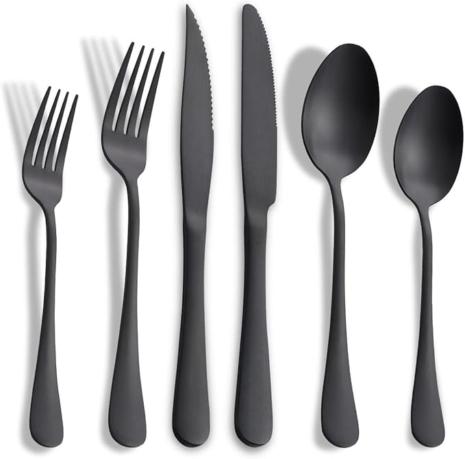 Matte Gold Silverware Set with Steak Knives,Stainless Steel Flatware Set for 6,Modern Cutlery Utensils Set,Spoons and Forks Set for Restaurant,Dishwasher Safe (Black, 36 Piece Set)