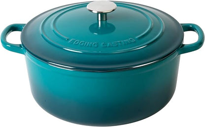 EDGING CASTING Enameled Cast Iron Dutch Oven Pot with Lid for Bread Baking, Cooking, Round Bread Oven Dual Handles, 7 Quart, Darkcyan