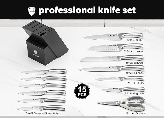 Block Knife Sets - Kitchen Knives Set with Block and Sharpener, Ultra Sharp Chef Knife, High Carbon Super German Stainless Steel, Ergonomic Handle Non Slip Grip, Gift for Men Women, Silver Wolf Series