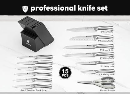 Block Knife Sets - Kitchen Knives Set with Block and Sharpener, Ultra Sharp Chef Knife, High Carbon Super German Stainless Steel, Ergonomic Handle Non Slip Grip, Gift for Men Women, Silver Wolf Series