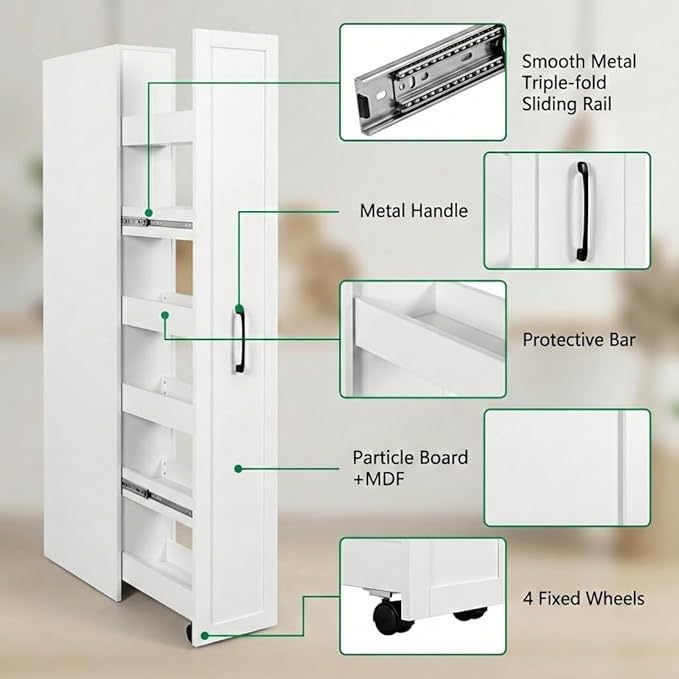 Slim Rolling Storage Cart, Pull Out Spice Rack, 6-Tier Rolling Pantry for Kitchen Fridge Gap & Laundry Room, Space-Saving Slide Out Utility Cabinet (White, with Side Panel)