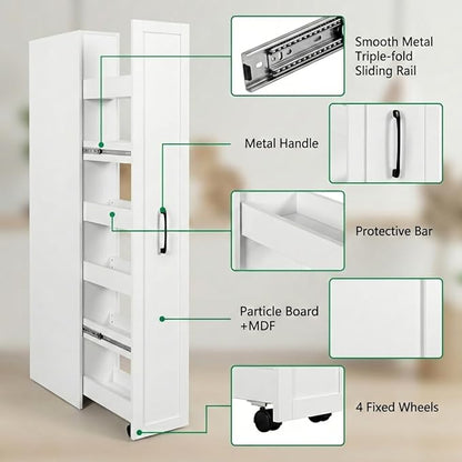 Slim Rolling Storage Cart, Pull Out Spice Rack, 6-Tier Rolling Pantry for Kitchen Fridge Gap & Laundry Room, Space-Saving Slide Out Utility Cabinet (White, with Side Panel)