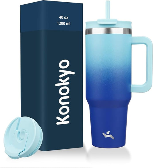 Konokyo 40 oz Tumbler with Handle and 2 Straws,2 in 1 Lid Insulated Water Bottle Stainless Steel Travel Coffee Mug,Sky