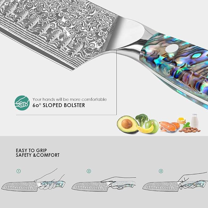 KEENZO Damascus Santoku Knife 7 inch, Razor Sharp Professional Chef Knife, Japanese Hand Forged 67 Layers Hammered Damascus Blade, Ergonomic Abalone Shell Handle Cooking Knife with gift box