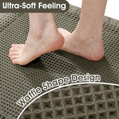 Upgraded Waffle Bath Mat, 32"x20" Greyish Green-Bordered, Super Absorbent Non-Slip Quick Dry Bathroom Rugs with Tassels, Machine Washable Ultra Soft Boho Bath Rugs, Toilet Mats Boho Farmhouse Decor