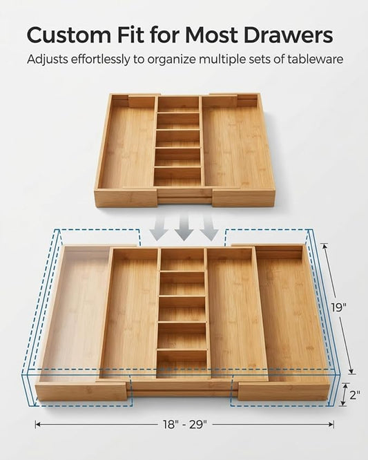 Expandable Bamboo Silverware Drawer Organizer – Adjustable 29" Wide Wooden Utensil Tray with 9-Compartments, Large Kitchen Flatware & Spoon Holder, Natural Solid Wood for Drawers