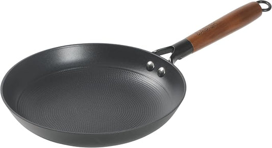 Babish 9.5 Inch Cast Iron Skillet with Wooden Handle, Pre-Seasoned Nonstick Pan with Honeycomb Textured Cooking Surface, Induction Oven Safe Skillet for Searing, Frying Eggs, Steak and Stir Fry